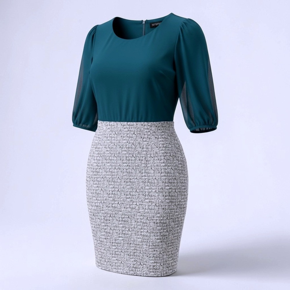 Enfocus Petite Teal Tweed Sheath Dress 10P 3/4 Puff Sleeve 513931 VTU210965RS